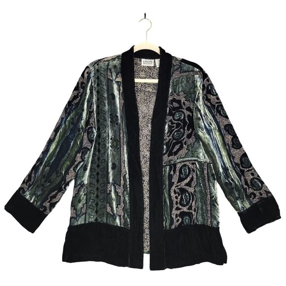 CHICOS Green Burnout Velvet Silk Whimsigoth Boho Cardigan SIZE 1 US MEDIUM 8 - Picture 1 of 11